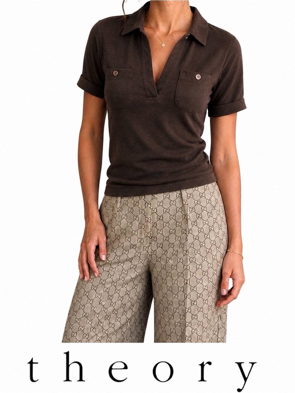 Theory Brown Short Sleeve Collared Top with stretch, Size Small